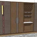 Classic Wooden Wardrobe Design With Decorative Striped Panels Gold Handles And Open Shelves