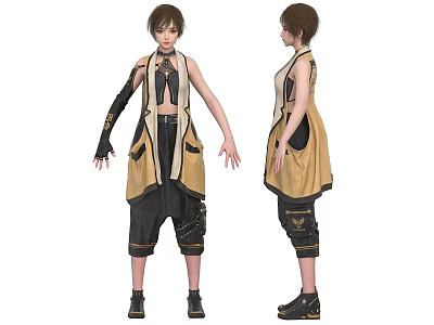 Woman Standing in Stylish Vest and Baggy Pants with Front and Back Views 3d model