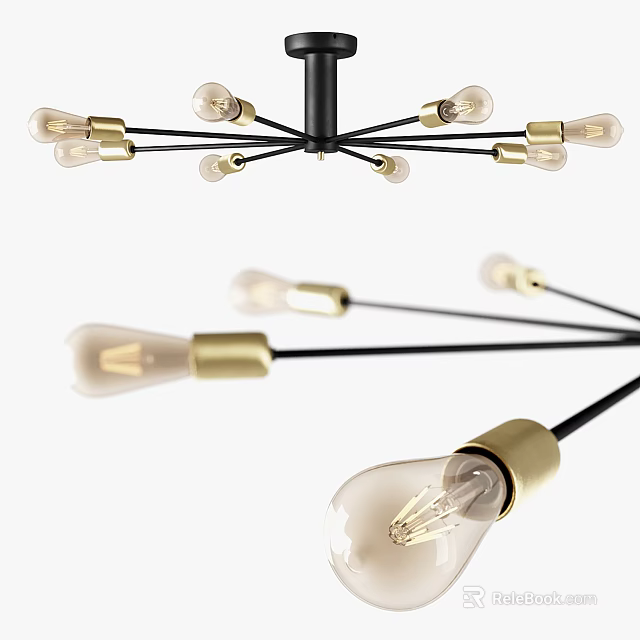 Modern Ceiling Light Fixture With Multiple Gold Bulbs And Black Arms 3d model 