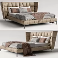 Modern Wingback Double Bed Upholstered In Beige With Gray Sheets And Brown Blanket