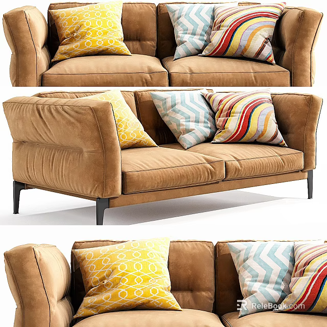 Modern Brown Velvet Two Seater Sofa With Yellow Blue Striped Cushions 3d model 