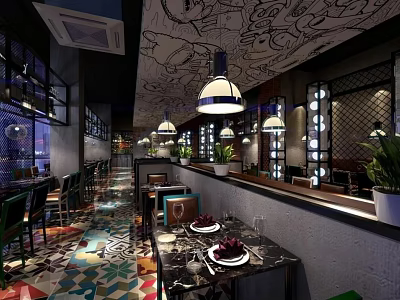 Modern Restaurant Interior With Colorful Geometric Floor Hanging Lamps And Dining Tables 3d model