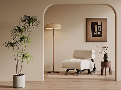 Modern Interior With Arched Doorway Palm Plant Floor Lamp And Beige Armchair 3d model