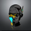 Futuristic Cyborg Character 3D Model Mechanical Head With Metallic Design And Yellow Blue Accents