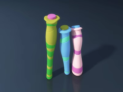 Vibrant Decorative Ornament Set with Green Blue Pink Striped Cylindrical Shapes and Colorful Tops 3d model