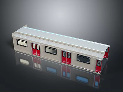 Silver Subway Train With Red Doors Windows And Reflection On Smooth Black Surface 3d model