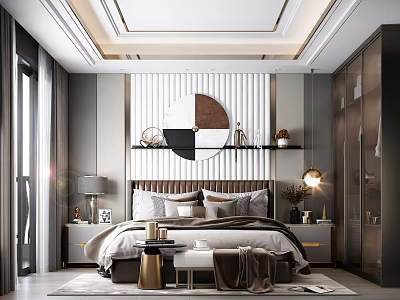 Elegant Modern Bedroom Interior With Upholstered Headboard Bedside Tables Decorative Mirror And Wardrobe 3d model