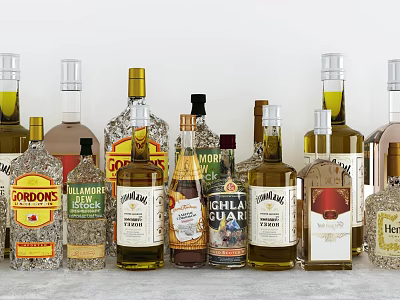 Assorted Liquor Bottles Displayed On Countertop 3d model