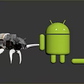 Green Android Robot Standing With Metallic Mechanical Spider Creature On Shiny Surface 3d model