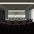 Spacious Private Dining Room With Round Dining Table Elegant Chairs And Modern Chandelier 3d model