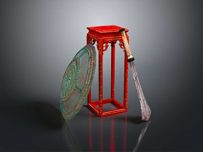 Ancient Weapons Feature Decorative Shield Traditional Knife On Red Display Stand 3d model