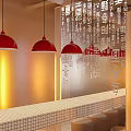 Modern Chinese Restaurant Interior With Red Walls Exposed Pipes White Tiled Bar And Round Stools