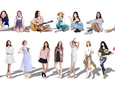 Group of Women in Various Stylish Outfits and Different Poses 3d model