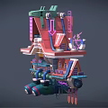 Vibrant Cartoon Scenery Featuring Floating Building With Colorful Design Neon Signs And Pipes