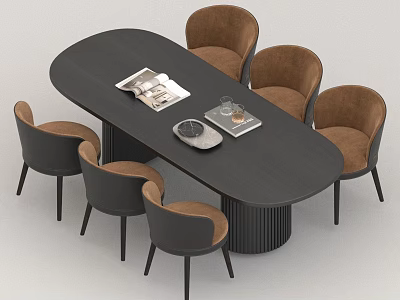 Modern Black Oval Dining Table Set with Six Brown Black Chairs and Tabletop Items 3d model