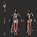 Elegant Game and Movie Character in Blue White Gold Robe with Ornate Patterns and Necklace