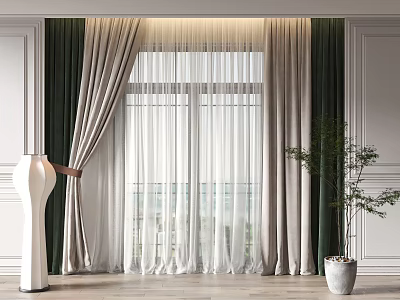 Elegant Velvet Green Curtains With Beige Sheer Layers For Modern Interior Window 3d model