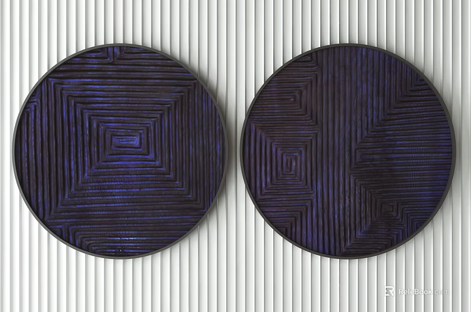 Two Dark Circular Objects with Intricate Geometric Patterns on White Striped Background 3d model