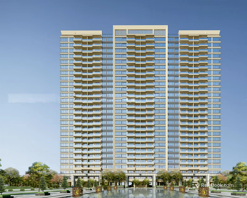 Modern High Rise Residential Building Exterior With Glass Curtain Wall And Balconies 3d model 