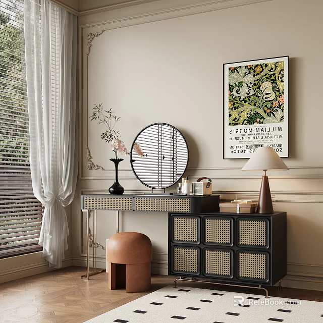 Elegant Modern Dressing Table With Circular Mirror Rattan Details Vase Lamp And Decorative Artwork 3d model 