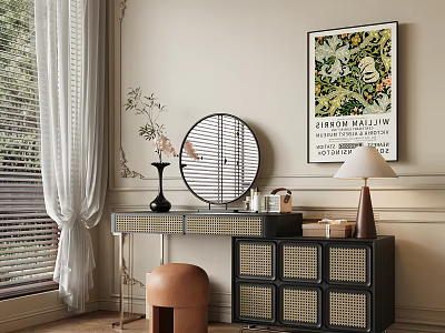 Elegant Modern Dressing Table With Circular Mirror Rattan Details Vase Lamp And Decorative Artwork 3d model