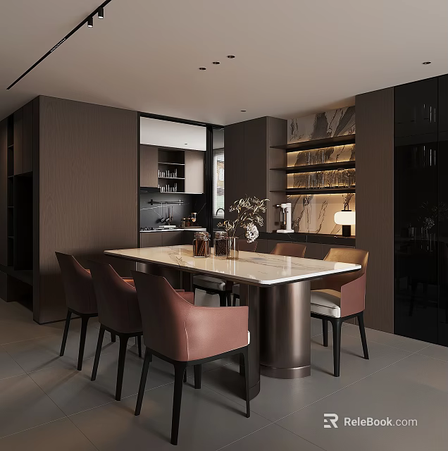 Modern Restaurant Interior With Dark Wood Cabinets White Marble Dining Table And Pink Upholstered Chairs 3d model 