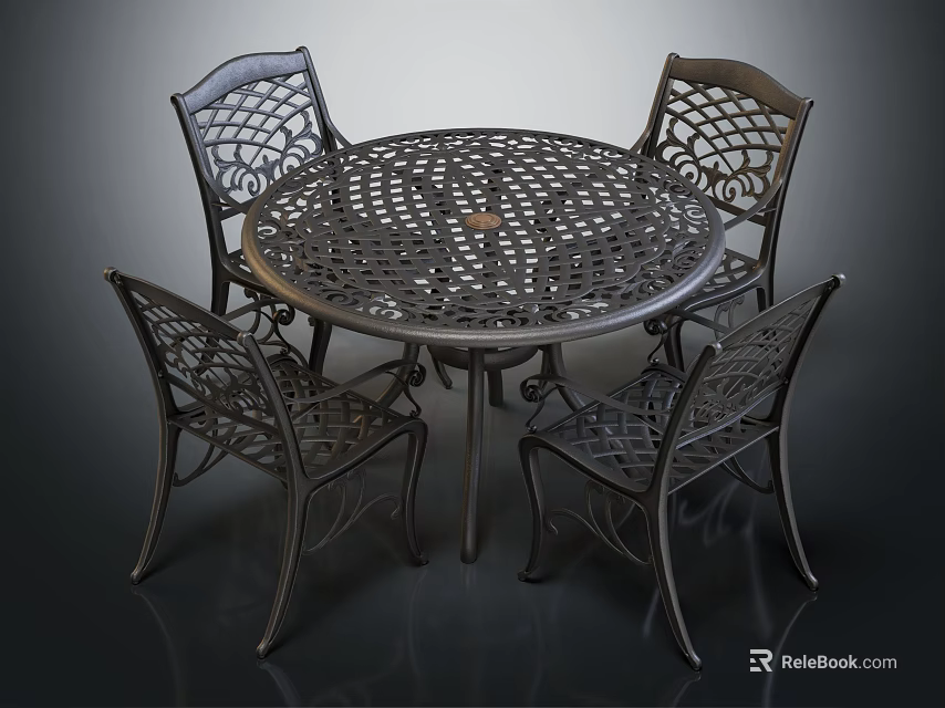 Round Metal Outdoor Table With Four Intricate Cutout Design Chairs For Patio Garden Use 3d model 