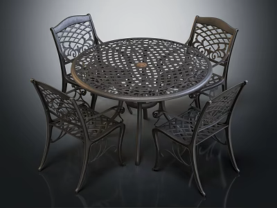 Round Metal Outdoor Table With Four Intricate Cutout Design Chairs For Patio Garden Use 3d model