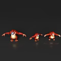 Three Red Reptile Models In Different Poses On Black Reflective Surface 3d model