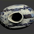Blue And White Carved Ceramic Pitcher With Landscape Patterns Decorative Handle And Ornate Base
