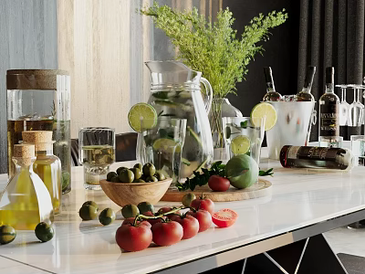 Wine Bottles And Glasses On A Table With Lime Slices Tomatoes Olives And Green Plants 3d model