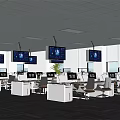 Modern Public Office Area With Workstations Computers Large Screens Ceiling Lights And Plants 3d model