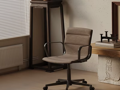 Beige Office Chair with Metal Frame Armrests and Wheels in Home Office with Wooden Desk 3d model