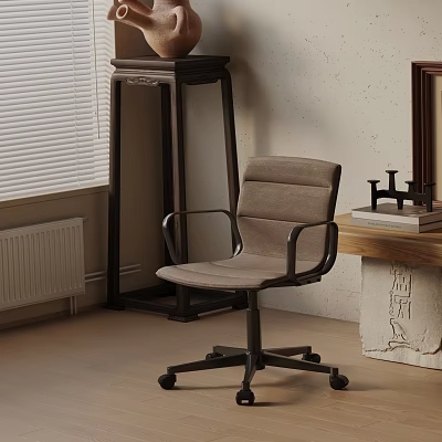 Beige Office Chair with Metal Frame Armrests and Wheels in Home Office with Wooden Desk 3d model