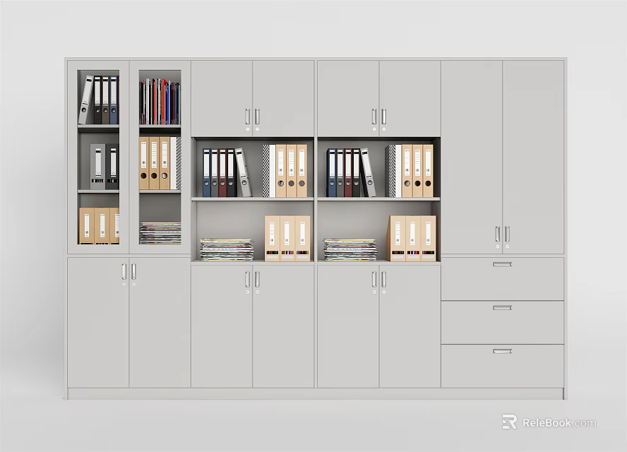 Modern Office Bookcase With Multiple Cabinets Drawers And Organized Folders Books 3d model 