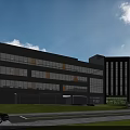 Modern Industrial Factory Building With Large Glass Windows Green Lawn And Trees