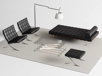 Modern Black Sofa and Glass Coffee Table Set with Ottoman and Floor Lamp 3d model