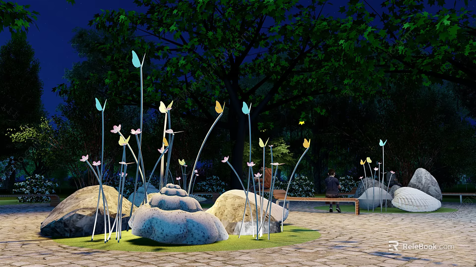 Butterfly And Flower Shaped Outdoor Lights Illuminate Night Garden With Stones Trees And Bench 3d model 