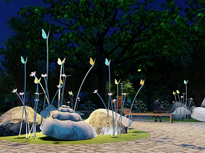 Butterfly And Flower Shaped Outdoor Lights Illuminate Night Garden With Stones Trees And Bench 3d model