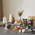 Elegant Kitchenware Collection Featuring Ceramic Bowls Wooden Utensils Glass Jars On Kitchen Countertop