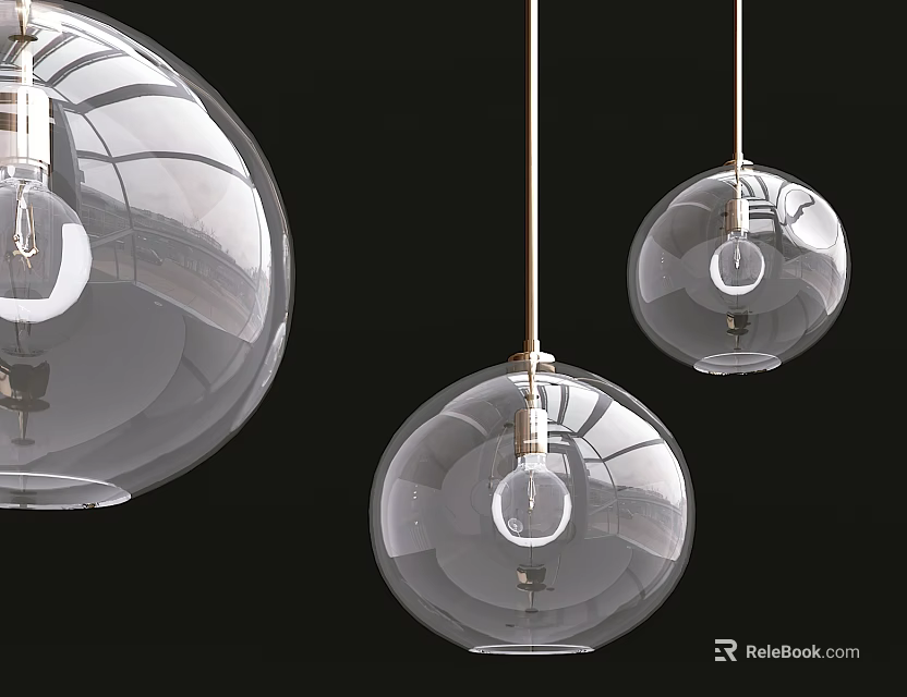 Three Modern Transparent Spherical Glass Pendant Lights Hanging Design 3d model 