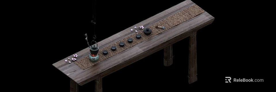 Traditional Wooden Desk With Woven Mat Tea Set Small Lantern And Petal Decorations 3d model 