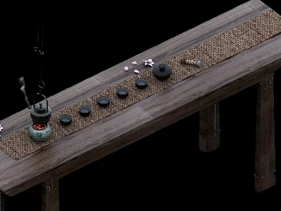 Traditional Wooden Desk With Woven Mat Tea Set Small Lantern And Petal Decorations 3d model
