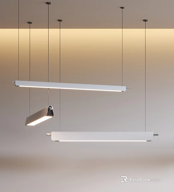 Multiple Modern Linear Pendant Lights Hanging In Minimalist Interior With Warm Glow 3d model