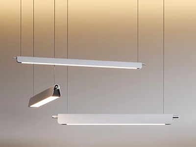 Multiple Modern Linear Pendant Lights Hanging In Minimalist Interior With Warm Glow 3d model