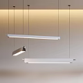 Multiple Modern Linear Pendant Lights Hanging In Minimalist Interior With Warm Glow 3d model