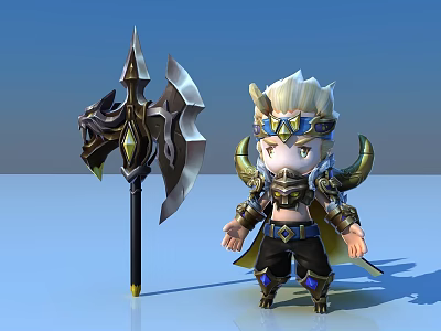 Chibi Style Fantasy Game Character with Blonde Hair Winged Armor Ornate Headpiece and Large Axe 3d model