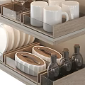 Organized Dinnerware Set With Plates Mugs Glasses Bottles On Multi Tiered Shelves