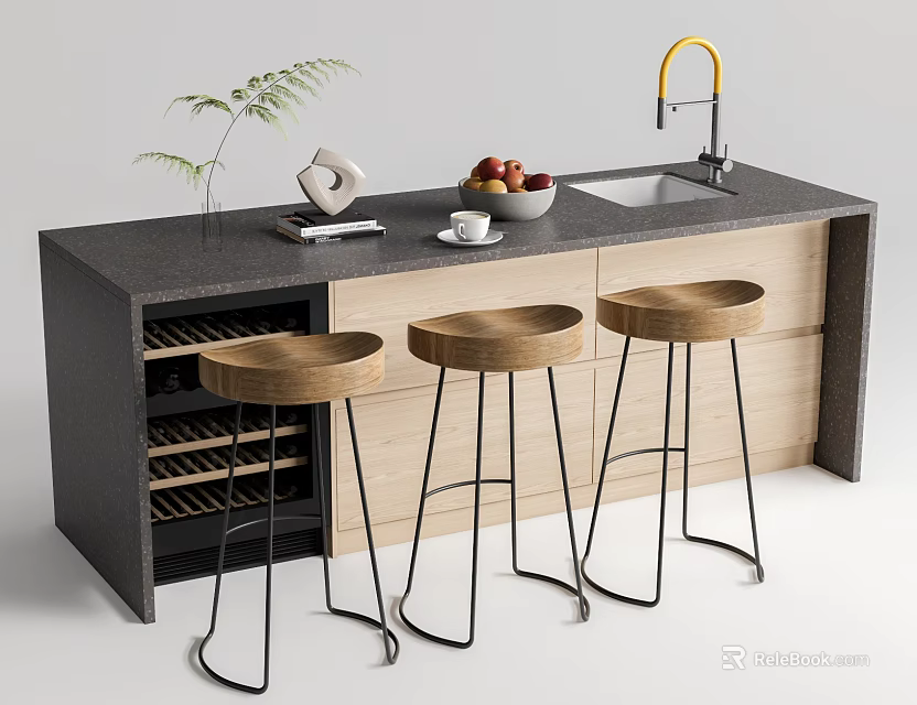 Modern Kitchen Bar Counter With Golden Faucet Sink And Three Wooden Stools 3d model 