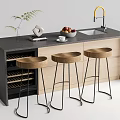 Modern Kitchen Bar Counter With Golden Faucet Sink And Three Wooden Stools